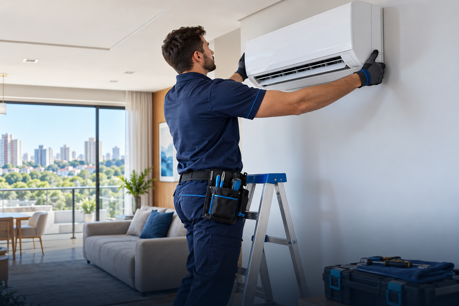 Técnico instalando ar-condicionado split em ambiente residencial moderno
